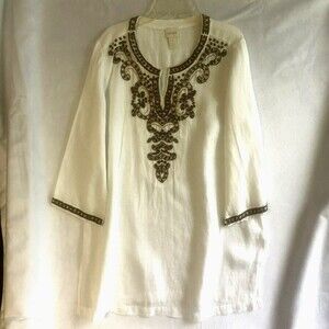 Chico's White Beaded 100% Linen Tunic Blouse, Chico's Size 0, Size M, MSRP $119